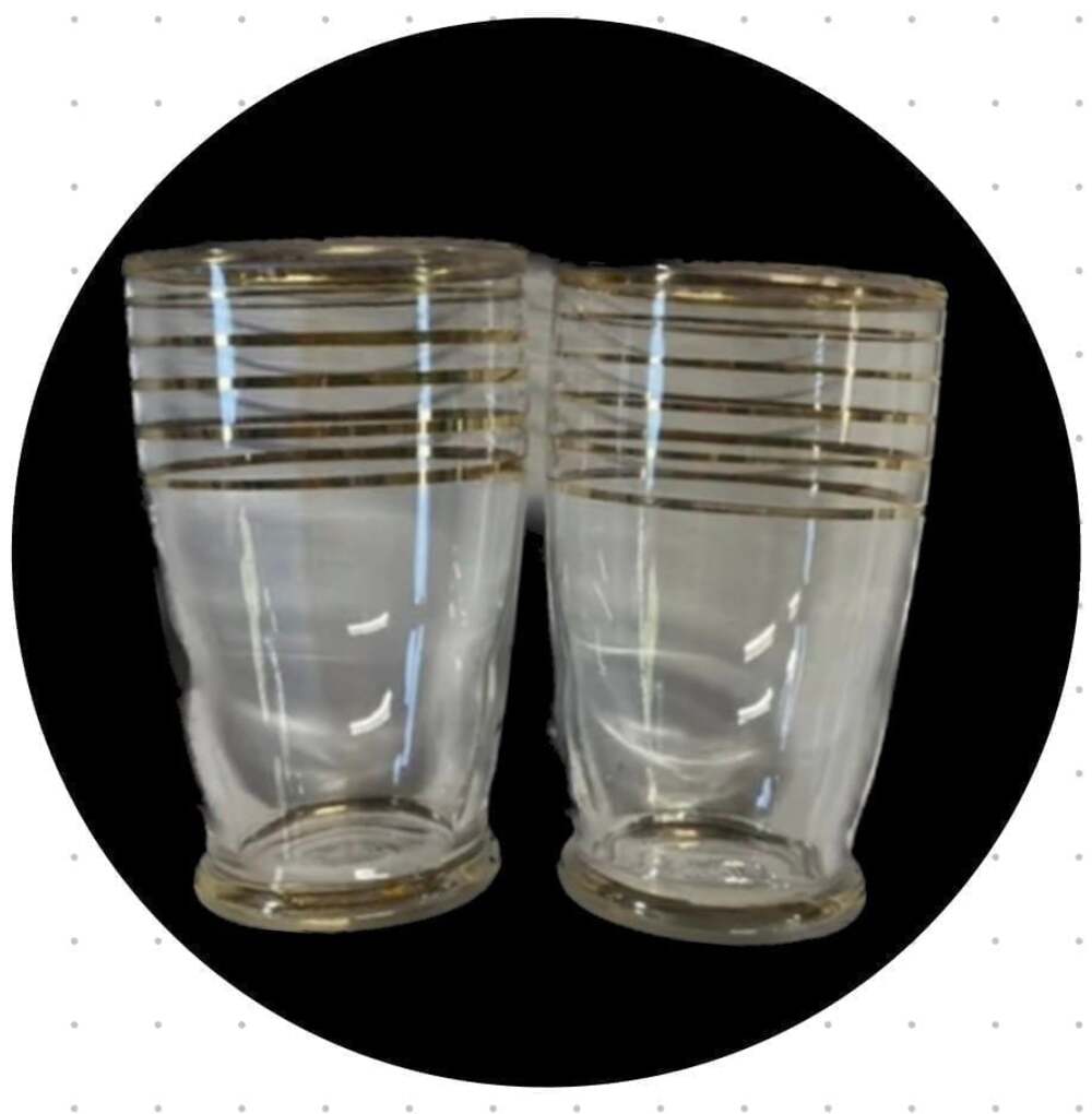 Set of 2 Anchor Hocking juice glasses with gold stripes